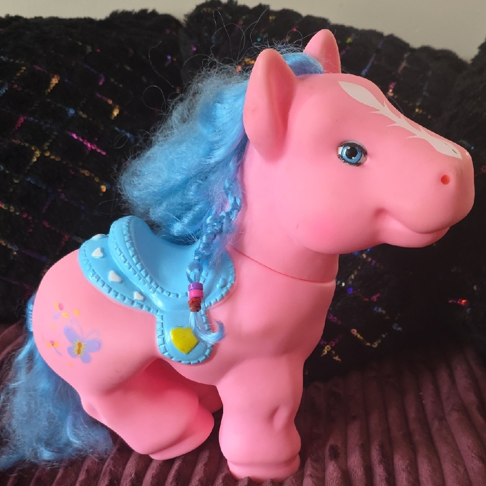 Pink Pony Toy with Blue Mane and Saddle Vintage
